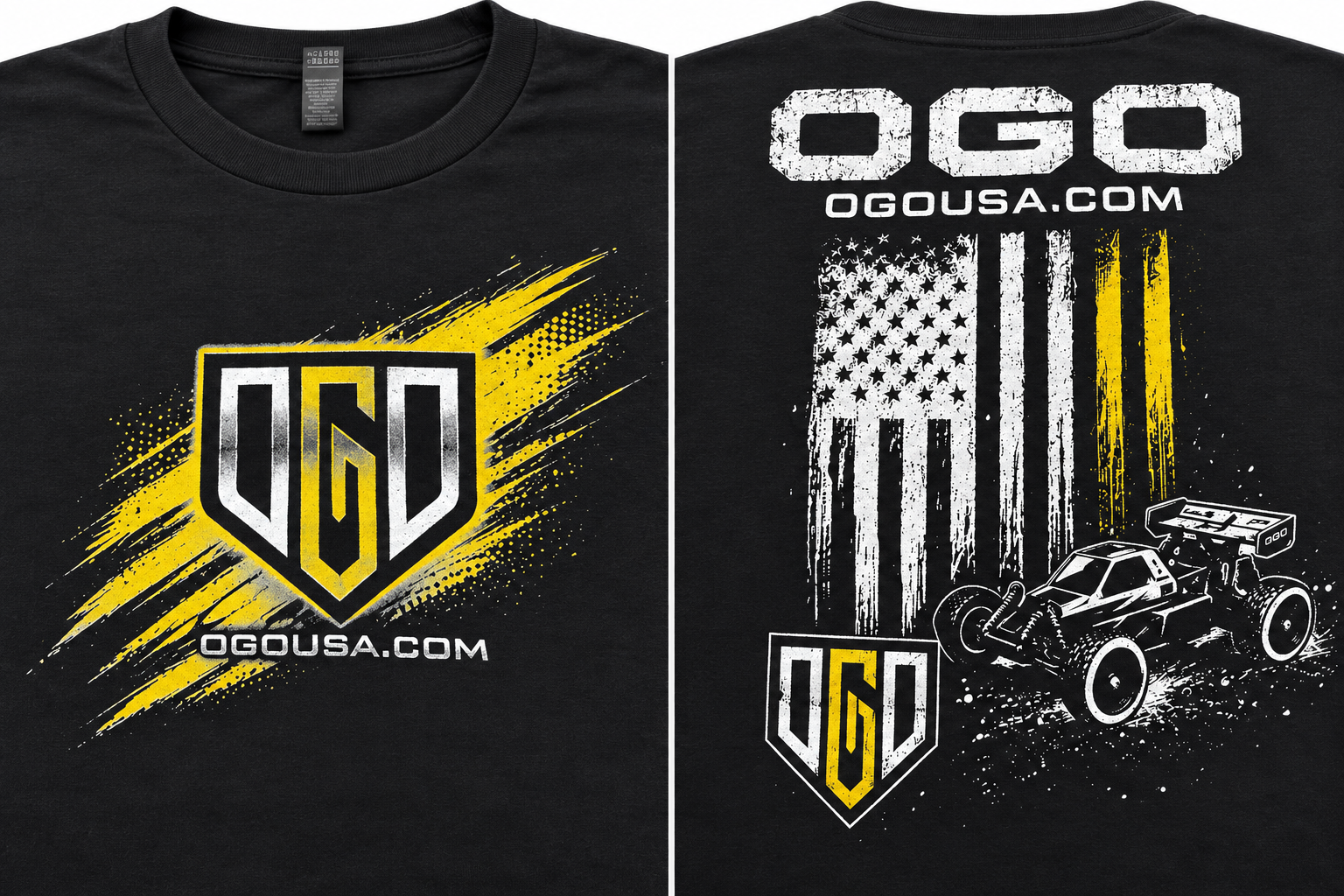 OGO USA Patriot racing T-shirt front and back with yellow graphics, American flag and RC buggy