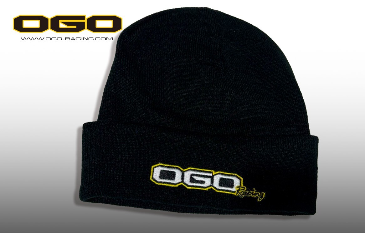 Black OGO Racing winter beanie with embroidered logo and fold-over cuff