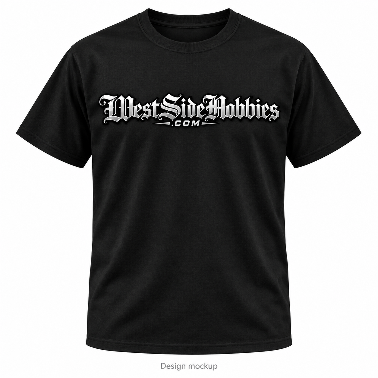Design mockup of black Westside Hobbies T-shirt with silver Old English logo